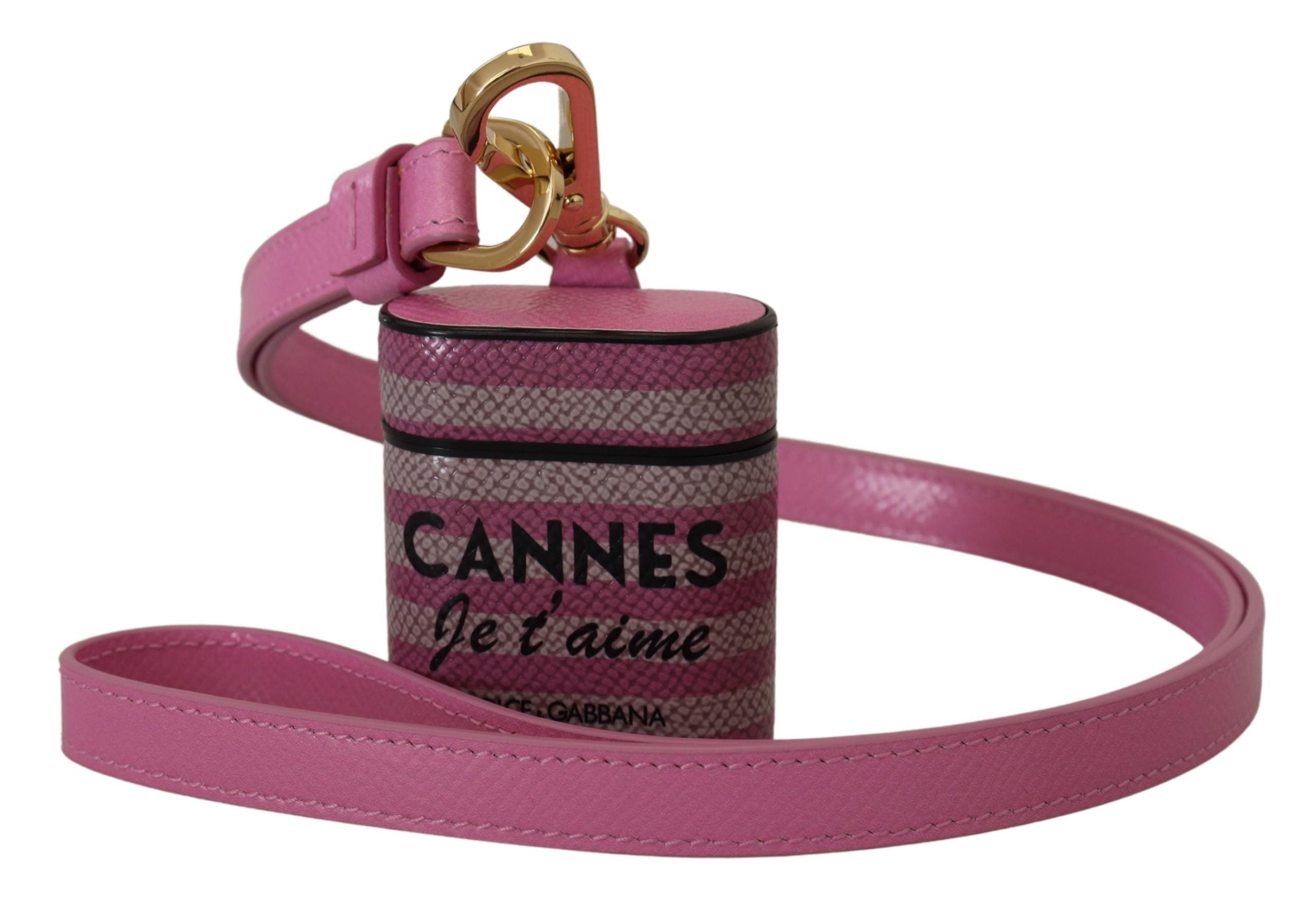Dolce & Gabbana Dolce & Gabbana Pink Black Leather Strap Gold Metal Logo Airpods Women's Case