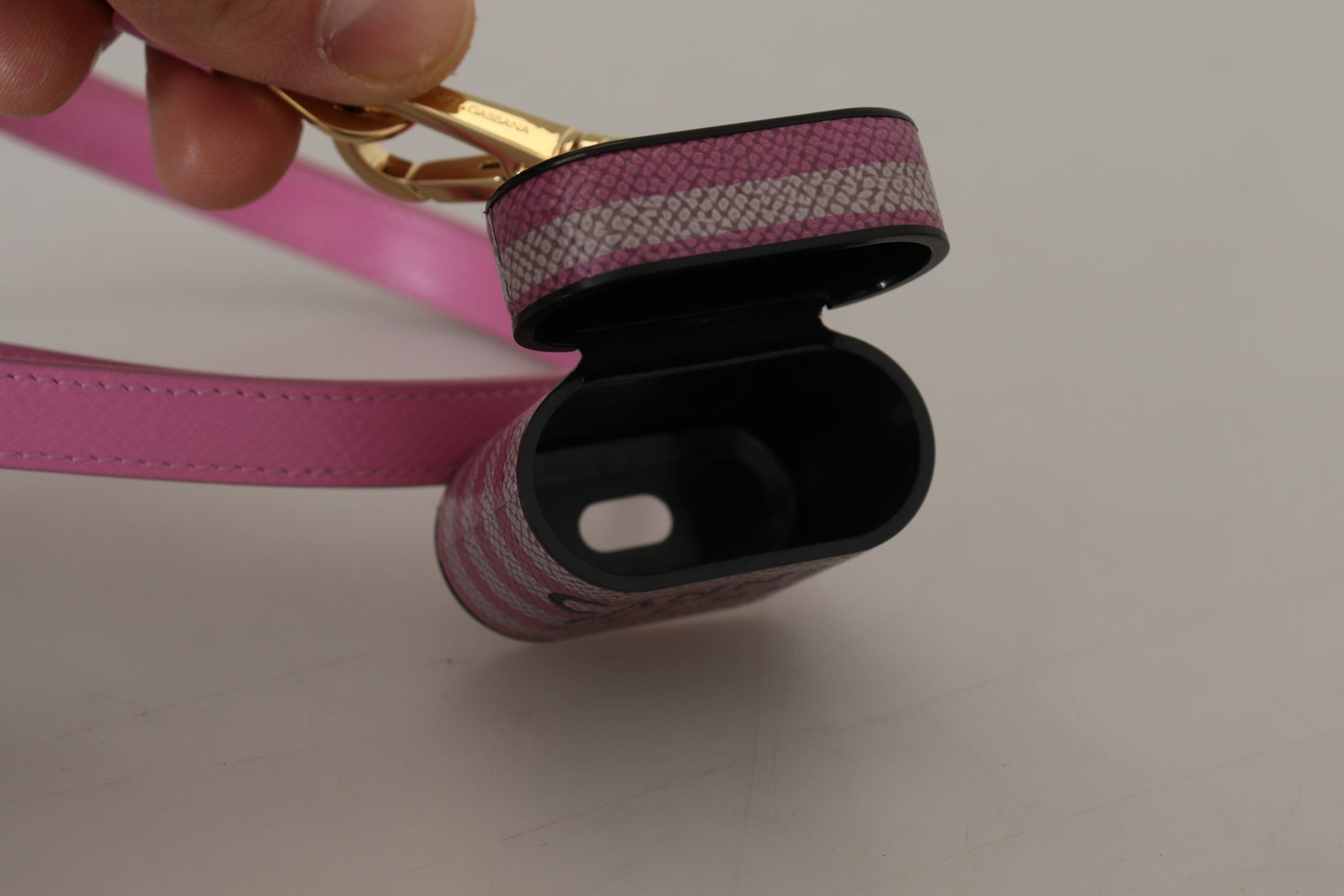 Dolce & Gabbana Dolce & Gabbana Pink Black Leather Strap Gold Metal Logo Airpods Women's Case