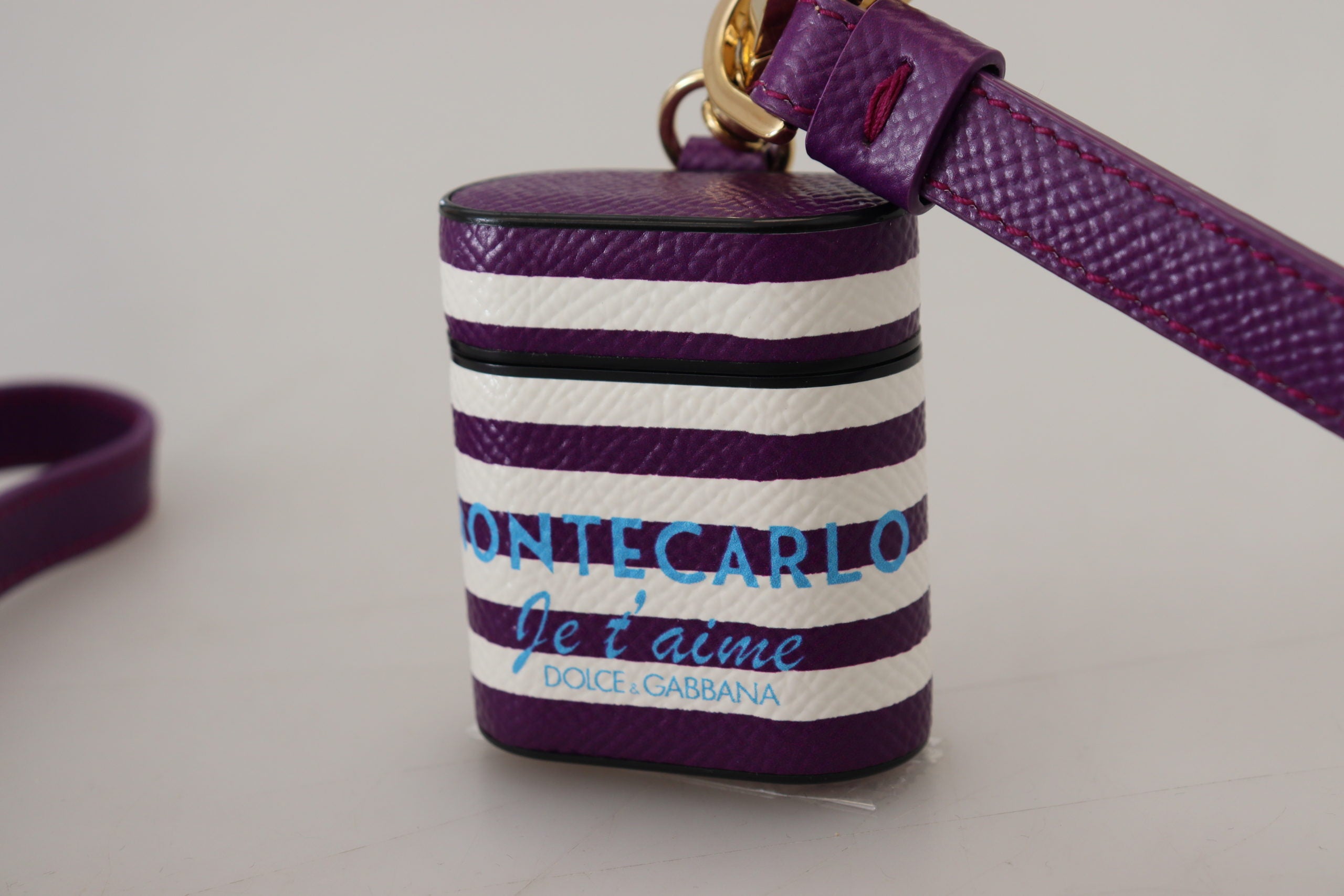 Dolce & Gabbana Dolce & Gabbana Purple Leather Strap Gold Metal Logo Airpods Women's Case