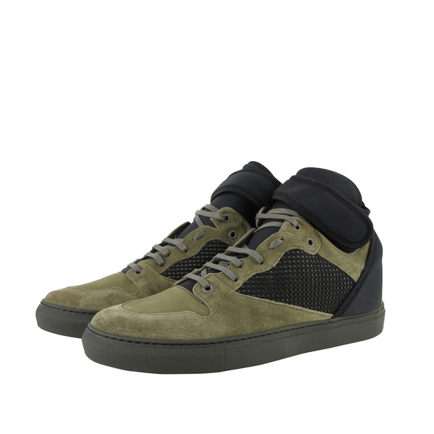 Balenciaga Men's High Top Black / Olive Green Suede Leather Sneakers 412349 3241