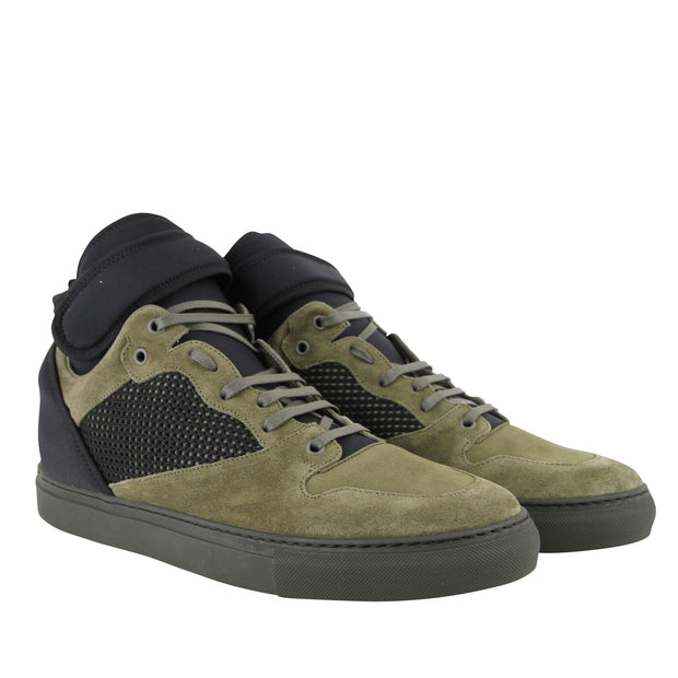 Balenciaga Men's High Top Black / Olive Green Suede Leather Sneakers 412349 3241