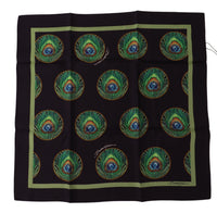 Dolce & Gabbana Black Peacock Feather DG Printed Square Handkerchief Men's Scarf