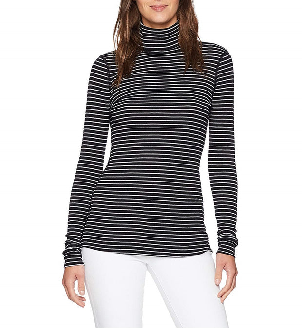 Three Dots Women's Tahoe Stripe L/s Turtleneck Tight Short Shirt, Black/Granite