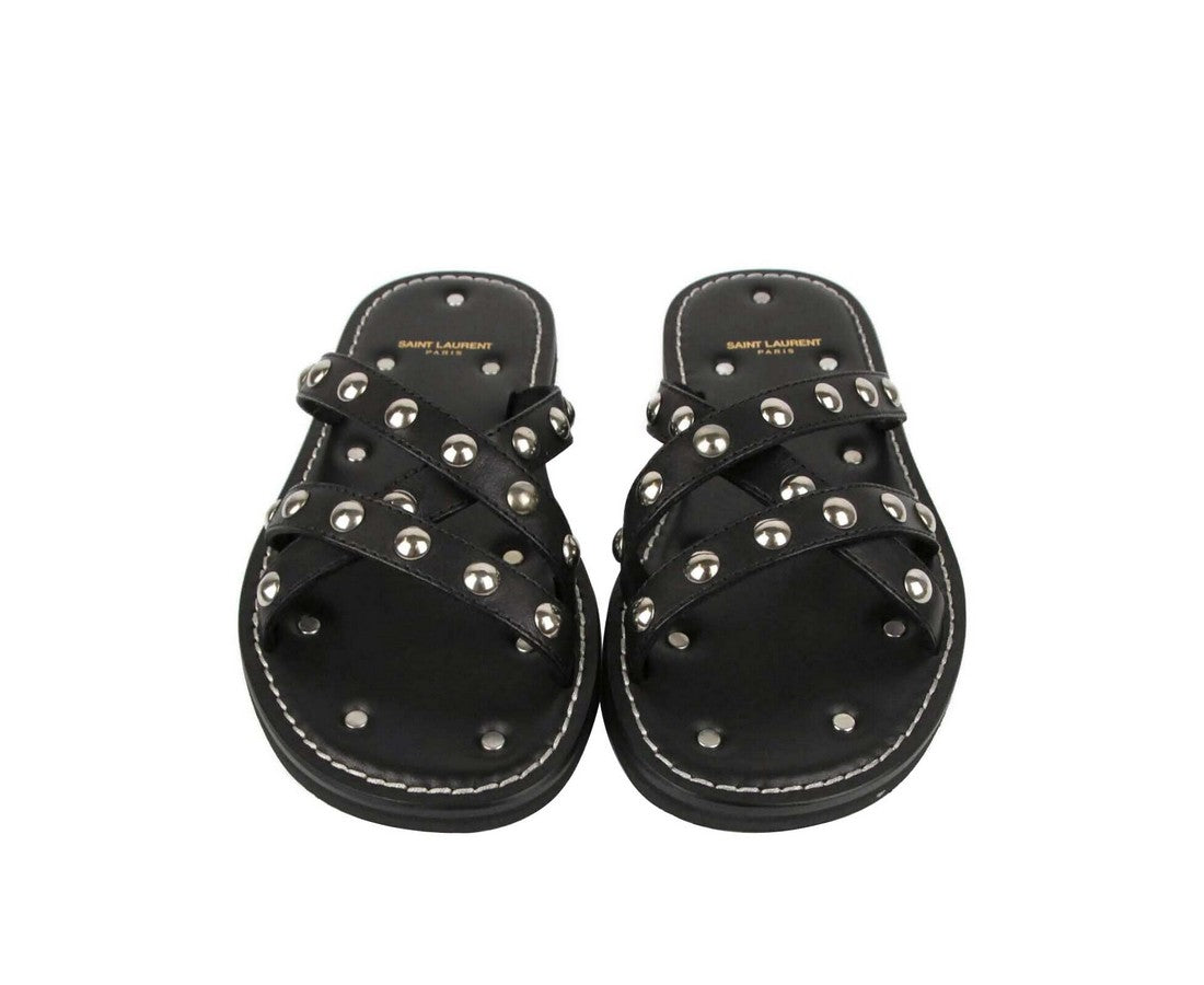 Saint Laurent Saint Laurent Men's Black Leather Sandal With Silver Studs (39 EU / 6 US)
