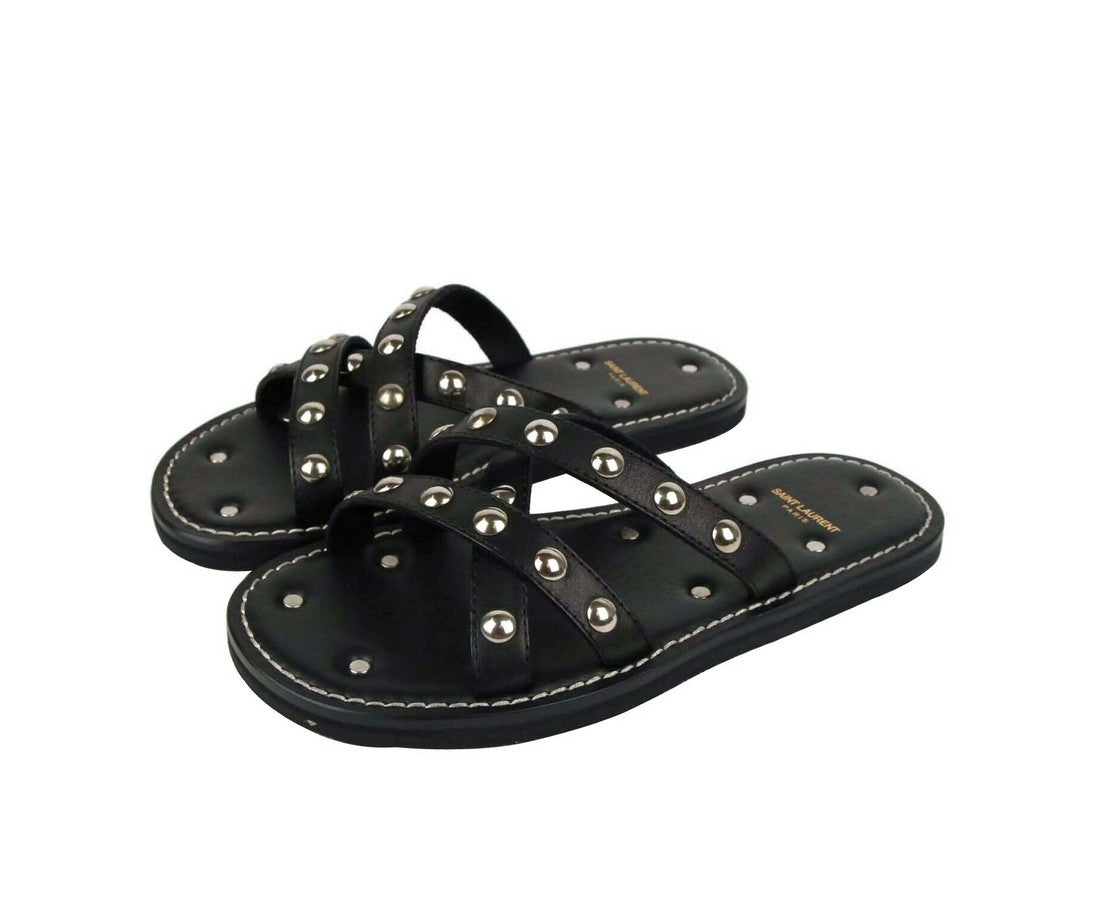 Saint Laurent Saint Laurent Men's Black Leather Sandal With Silver Studs (39 EU / 6 US)
