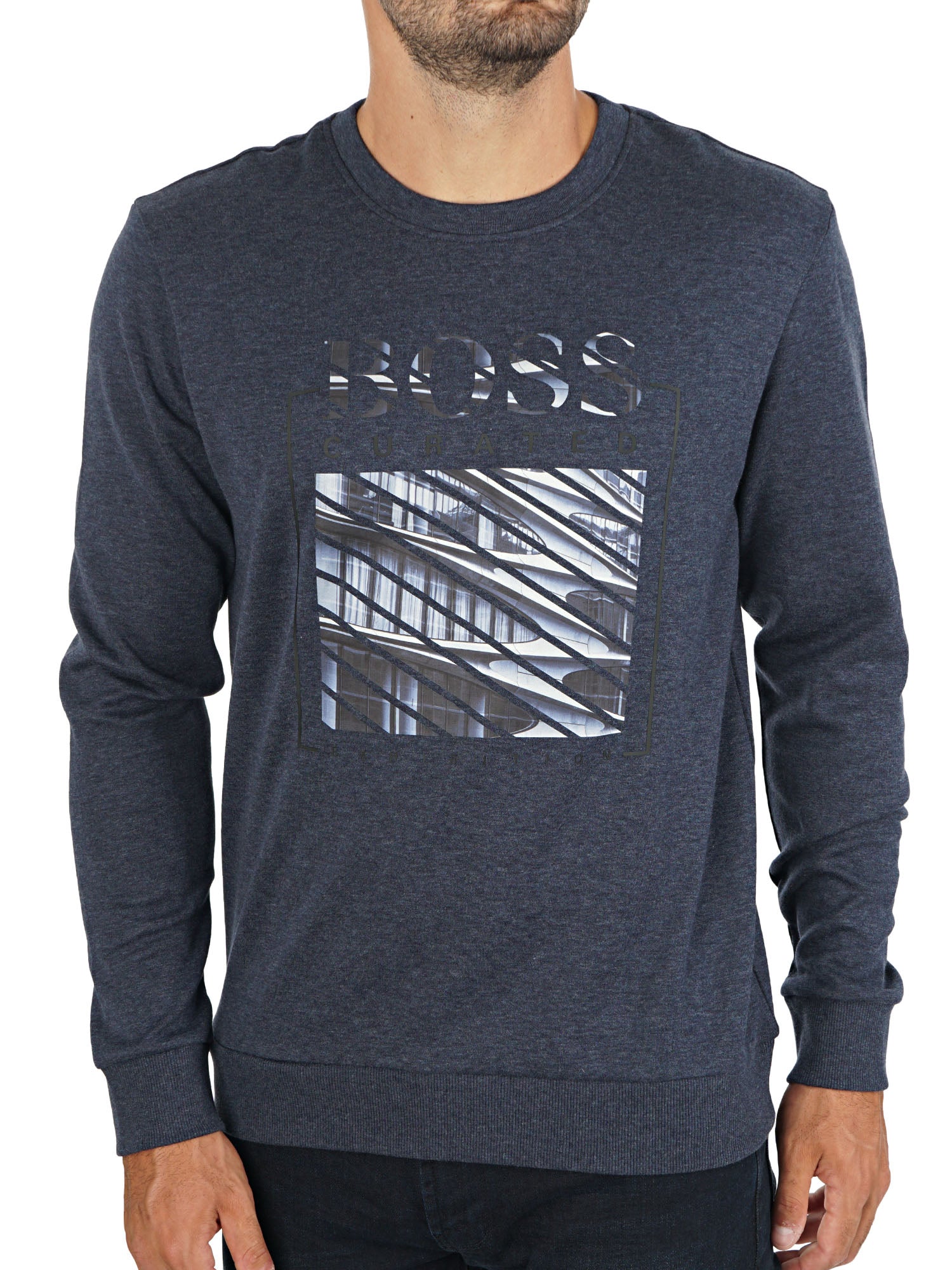 Hugo Boss Salbo Iconic 3 Tonal Embossed Logo Slim Fit Sweatshirt, Dark Blue Blue
