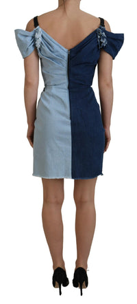 Dolce & Gabbana Two Tone Blue Patchwork Denim Mini Women's Dress