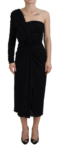 Dolce & Gabbana Black Wrap Sheath One Shoulder Wool Women's Dress