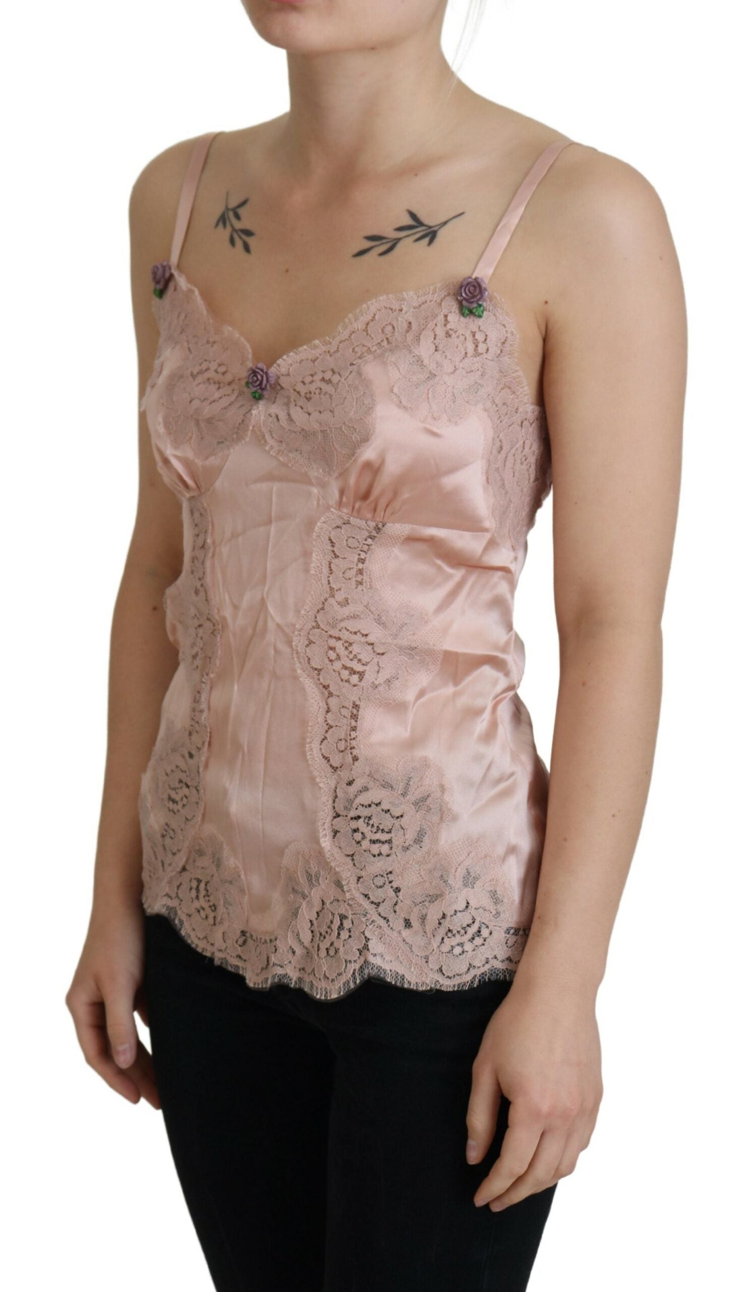 Dolce & Gabbana Pink Satin Lace Roses Tank Top Women's Lingerie