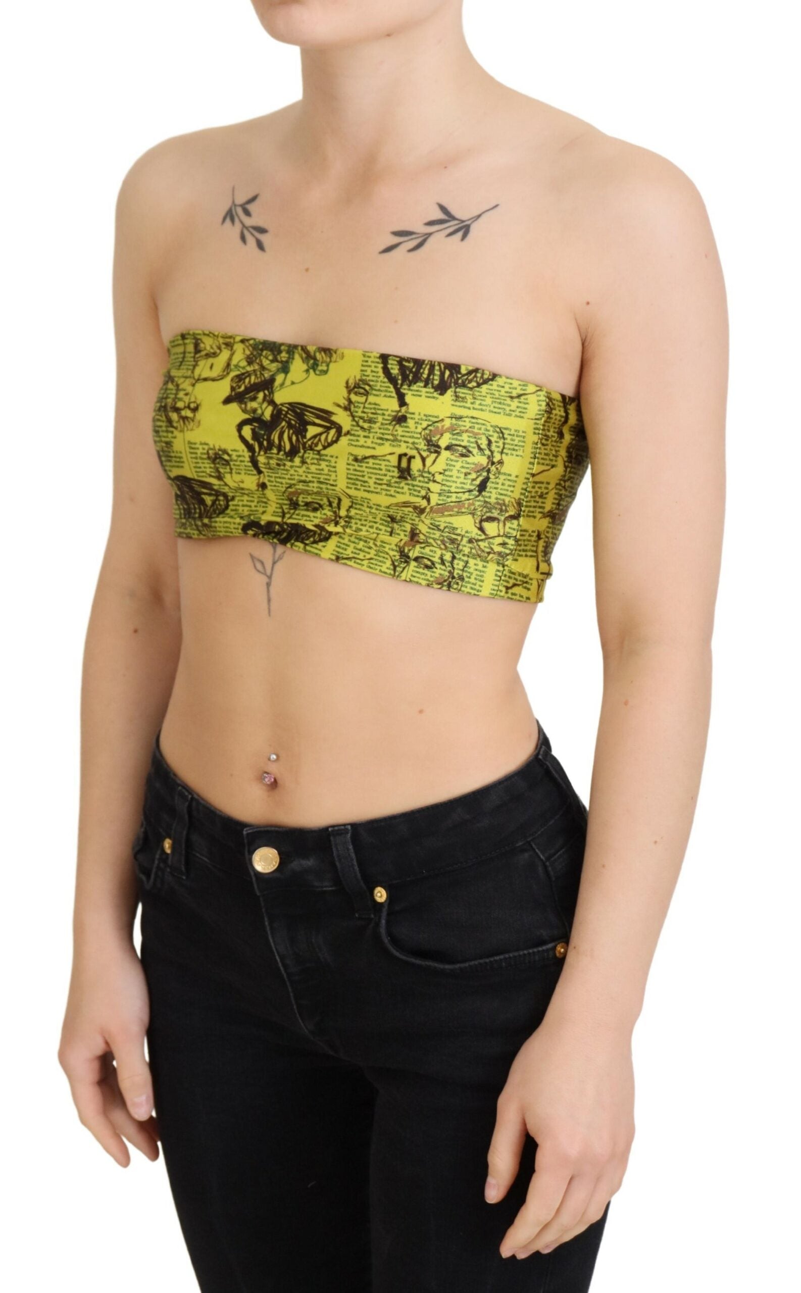 John Galliano Yellow Newspaper Print Cropped Women's Blouse