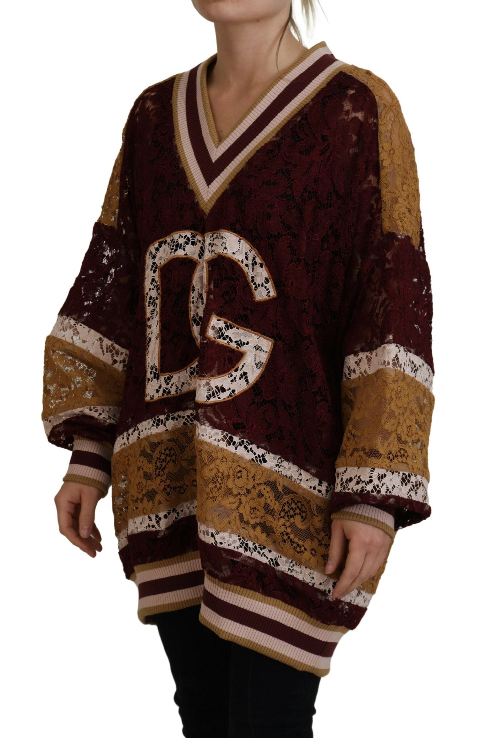 Dolce & Gabbana Multicolor Lace V-neck Pullover Women's Sweater