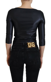 Dolce & Gabbana Black Cotton Stretch Open Chest 3/4 Sleeve Women's Top