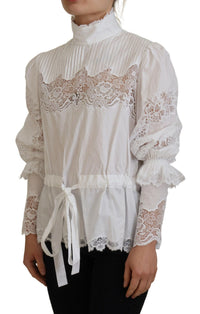 Dolce & Gabbana White Cotton Lace Trim Turtle Neck Blouse Women's Top