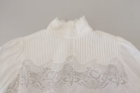 Dolce & Gabbana White Cotton Lace Trim Turtle Neck Blouse Women's Top