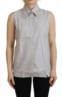 Ferre Light Gray Stripes Cotton Sleeveless Collared Women's Top