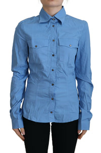 Ferre Blue Cotton Long Sleeves Collared Button Down Women's Top