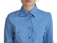 Ferre Blue Cotton Long Sleeves Collared Button Down Women's Top