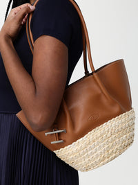 Tod's Women Two-Tone Leather And Raffia Small Shopping Bag