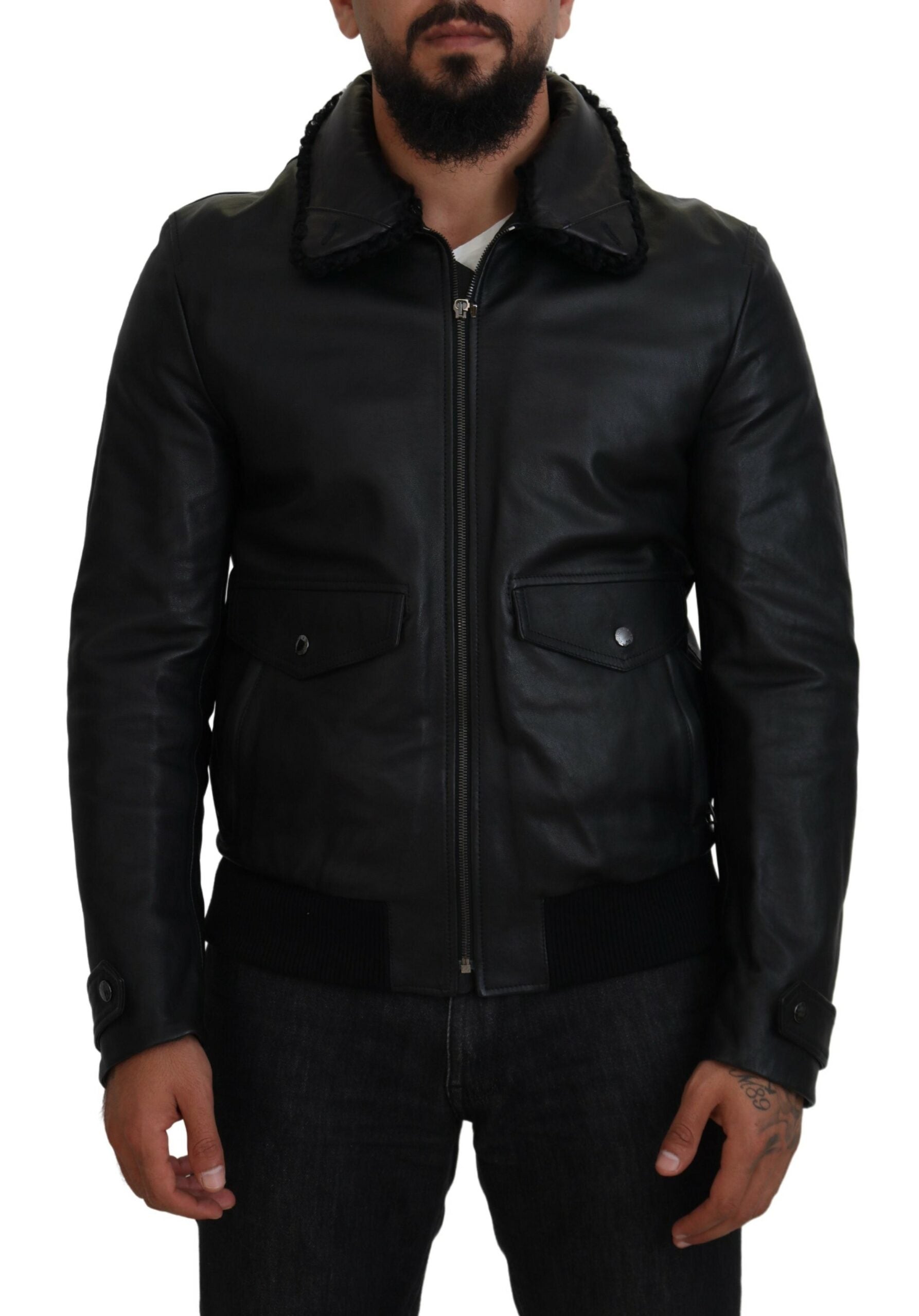 Dolce & Gabbana Dolce & Gabbana Black Lamb Leather Collared Men Coat Men's Jacket