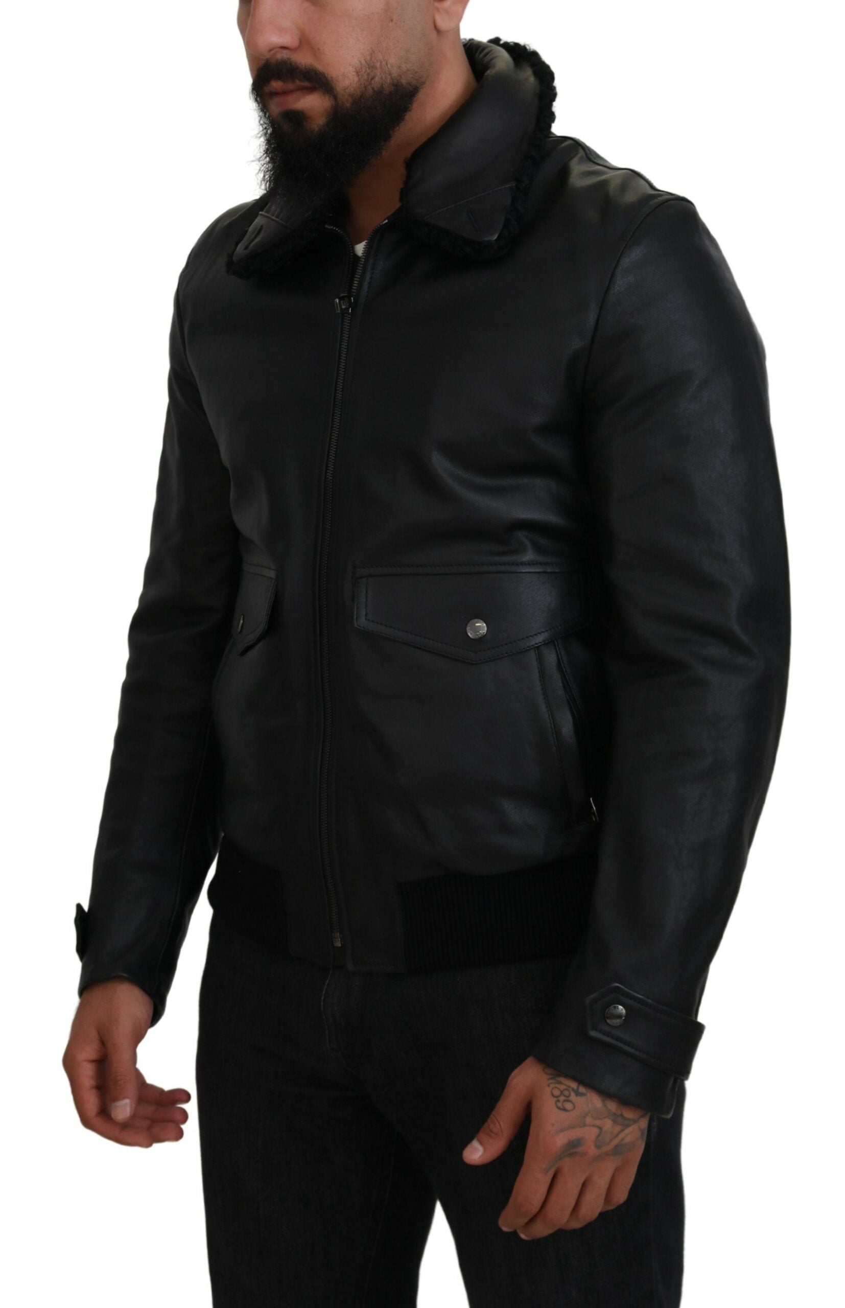 Dolce & Gabbana Dolce & Gabbana Black Lamb Leather Collared Men Coat Men's Jacket