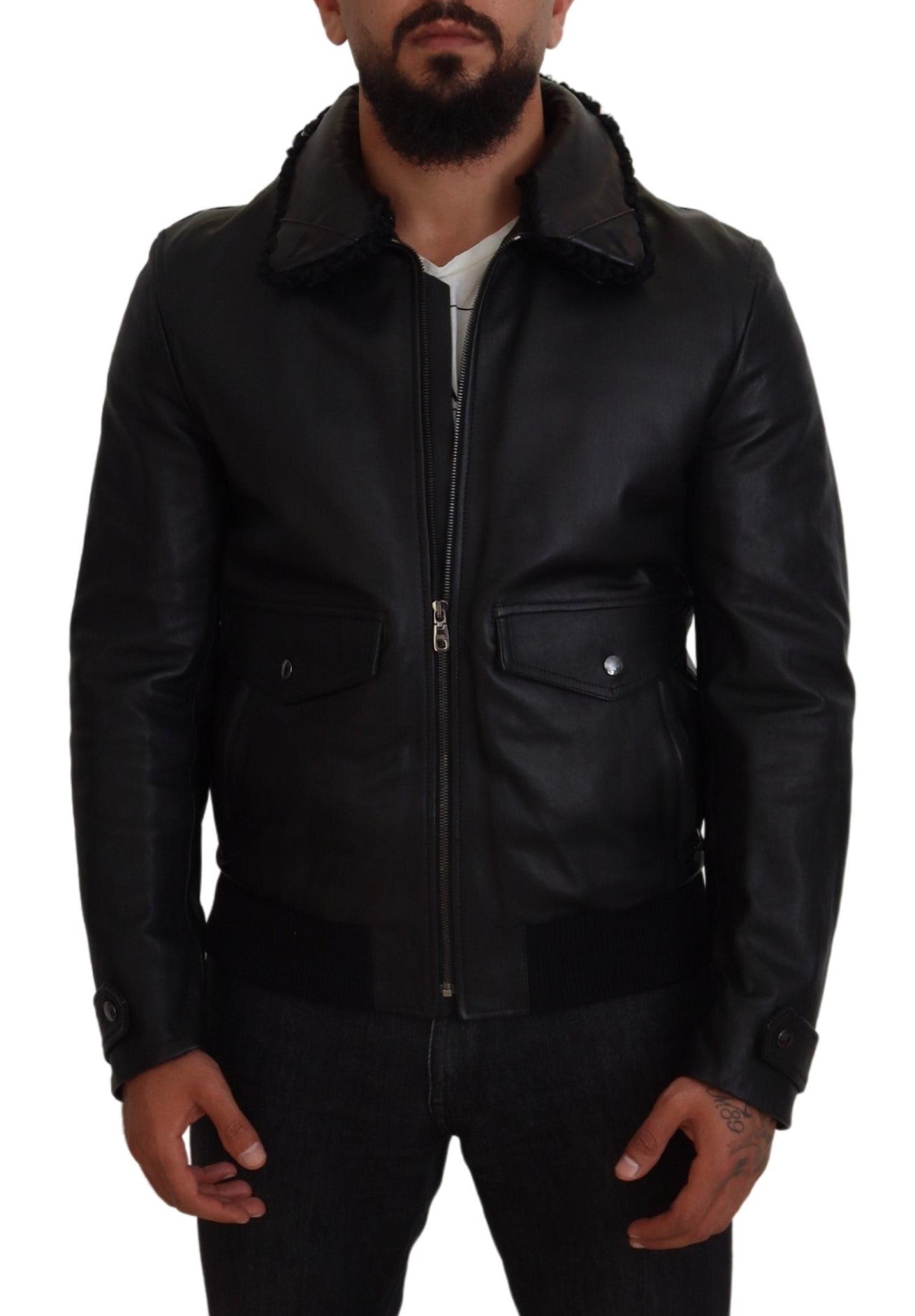 Dolce & Gabbana Dolce & Gabbana Black Lamb Leather Collared Men Coat Men's Jacket