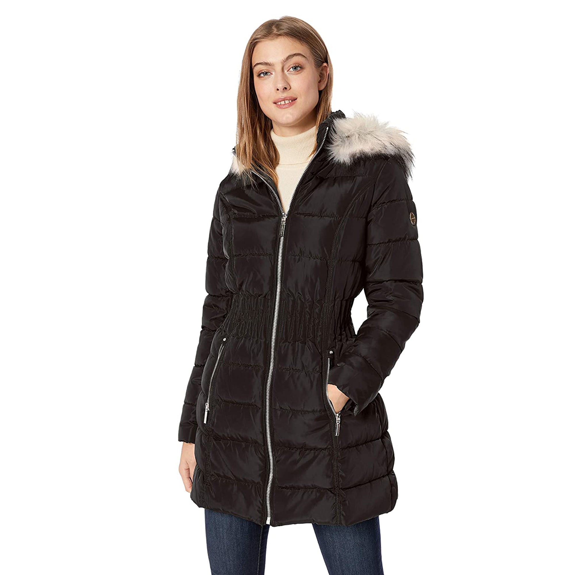 Laundry by Shelli Segal Black Cinch Waist Puffer Hooded Coat Black
