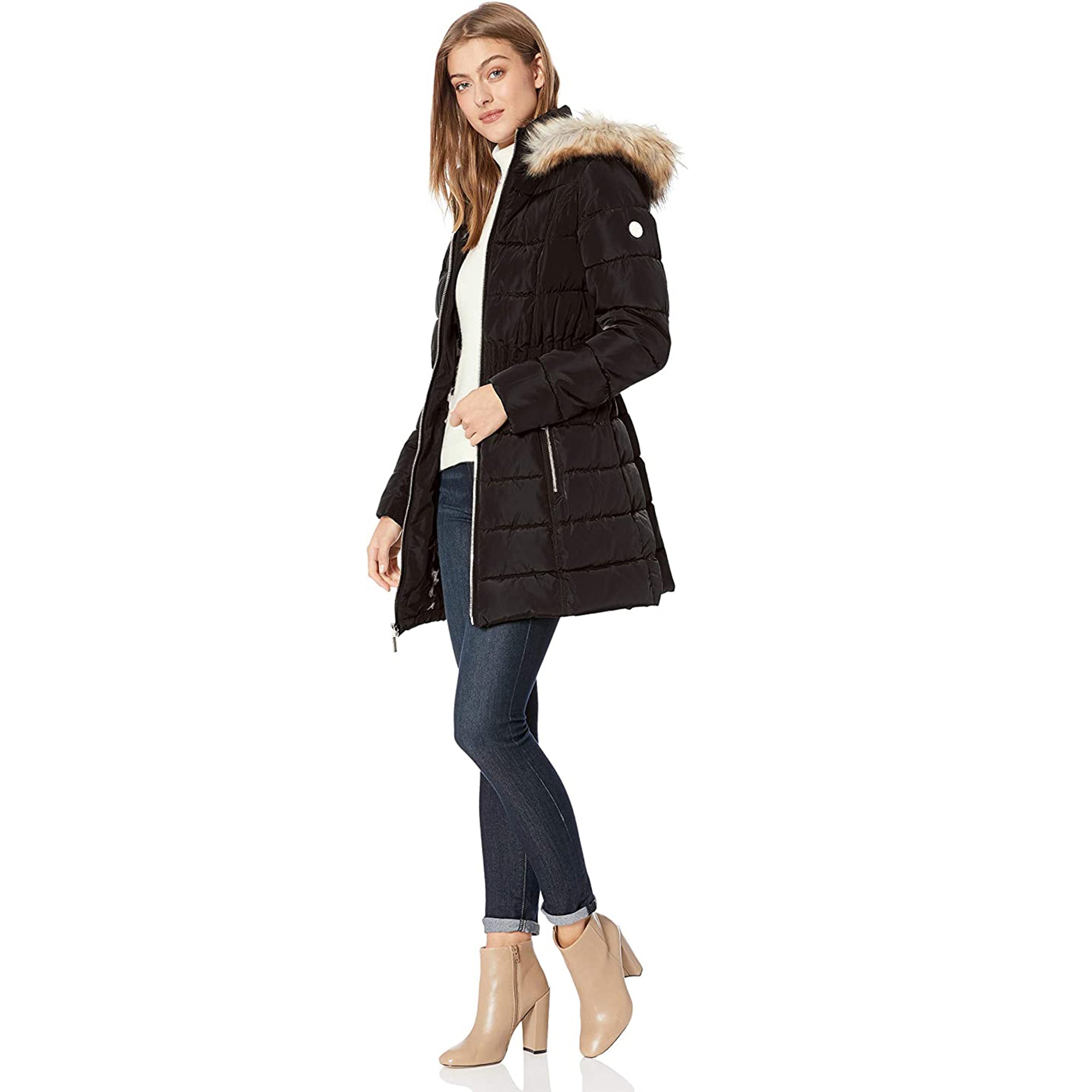 Laundry by Shelli Segal Black Cinch Waist Puffer Hooded Coat