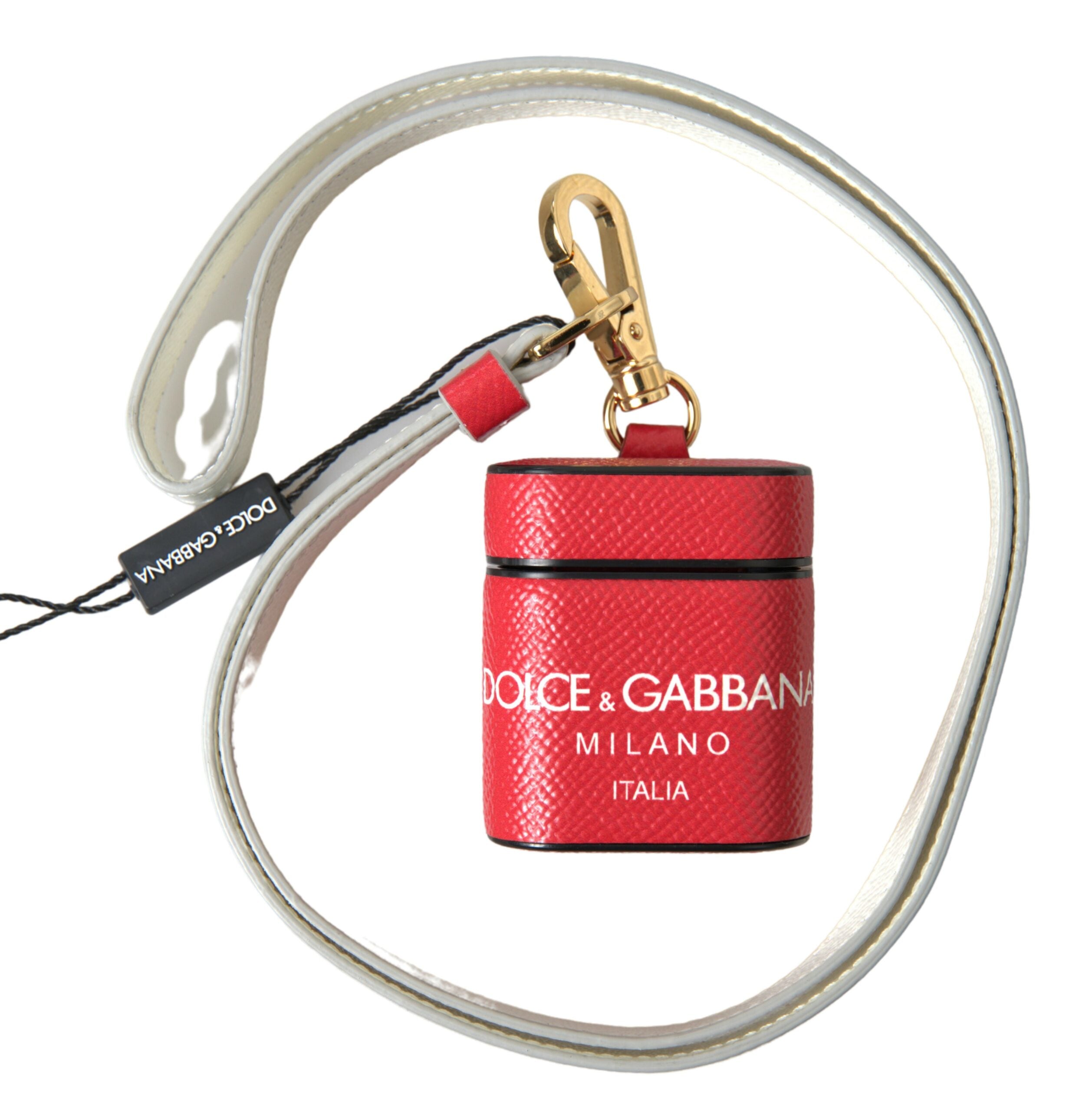 Dolce & Gabbana Dolce & Gabbana Red Leather Gold Tone Metal Logo Print Airpods Women's Case