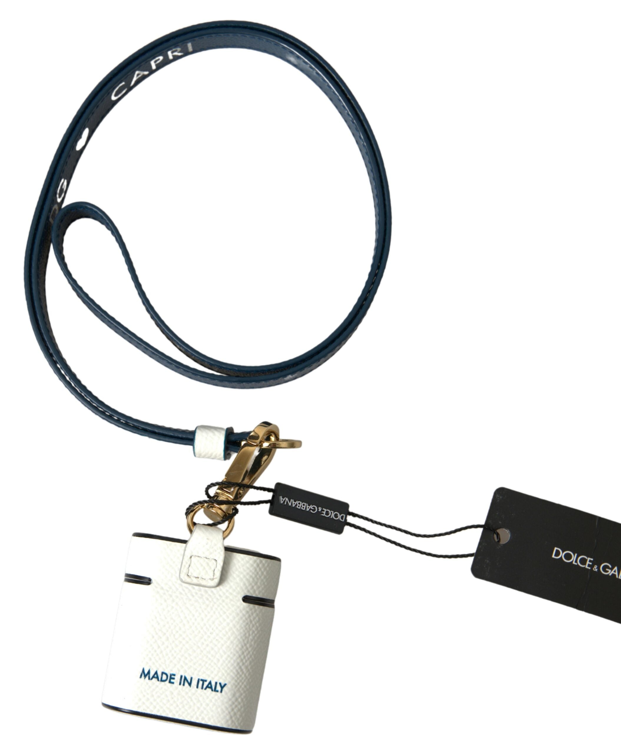 Dolce & Gabbana Dolce & Gabbana White Blue Calf Leather Logo Print Strap Airpods Women's Case