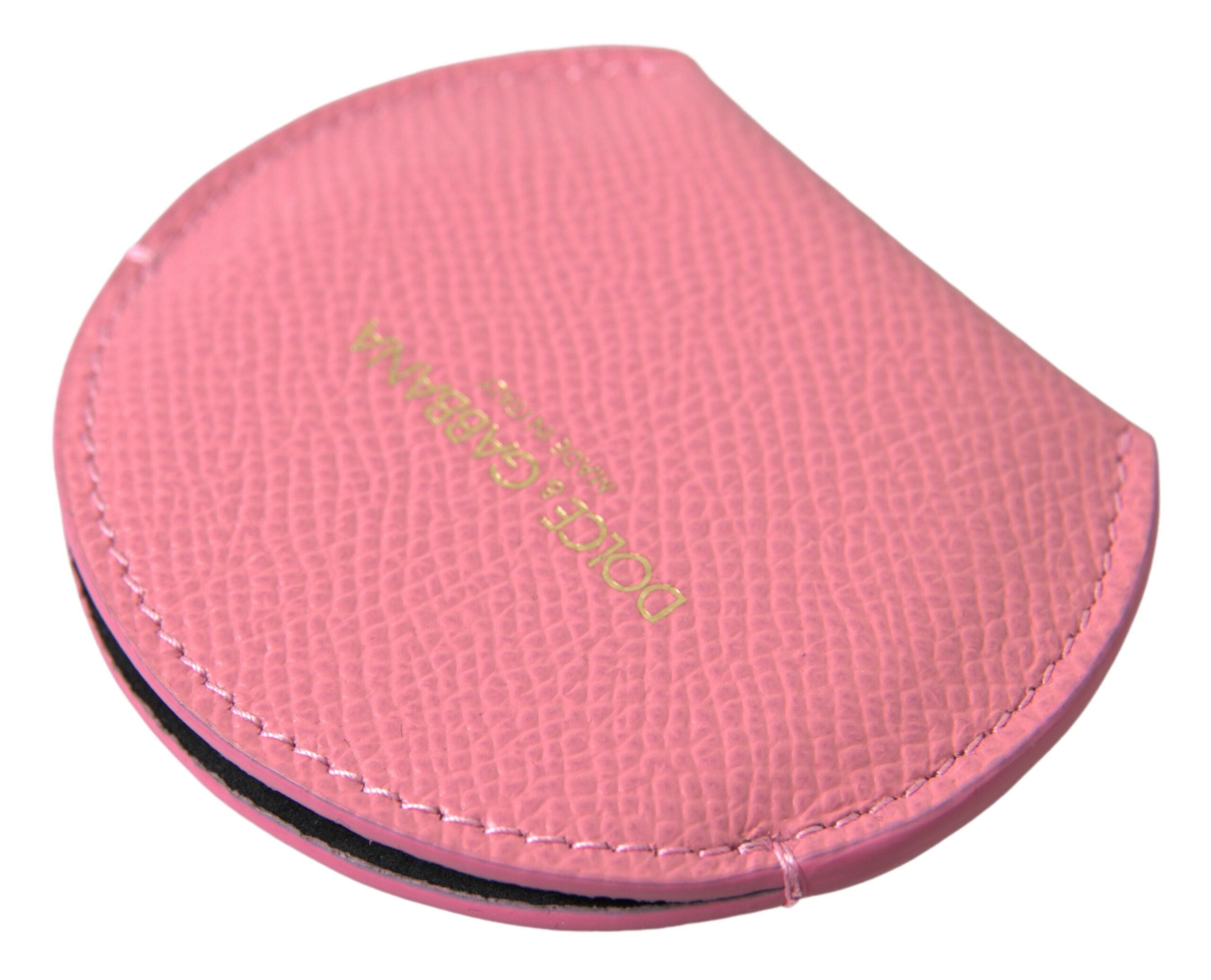 Dolce & Gabbana Dolce & Gabbana Pink Calfskin Leather Round Logo Print Hand Mirror Women's Holder