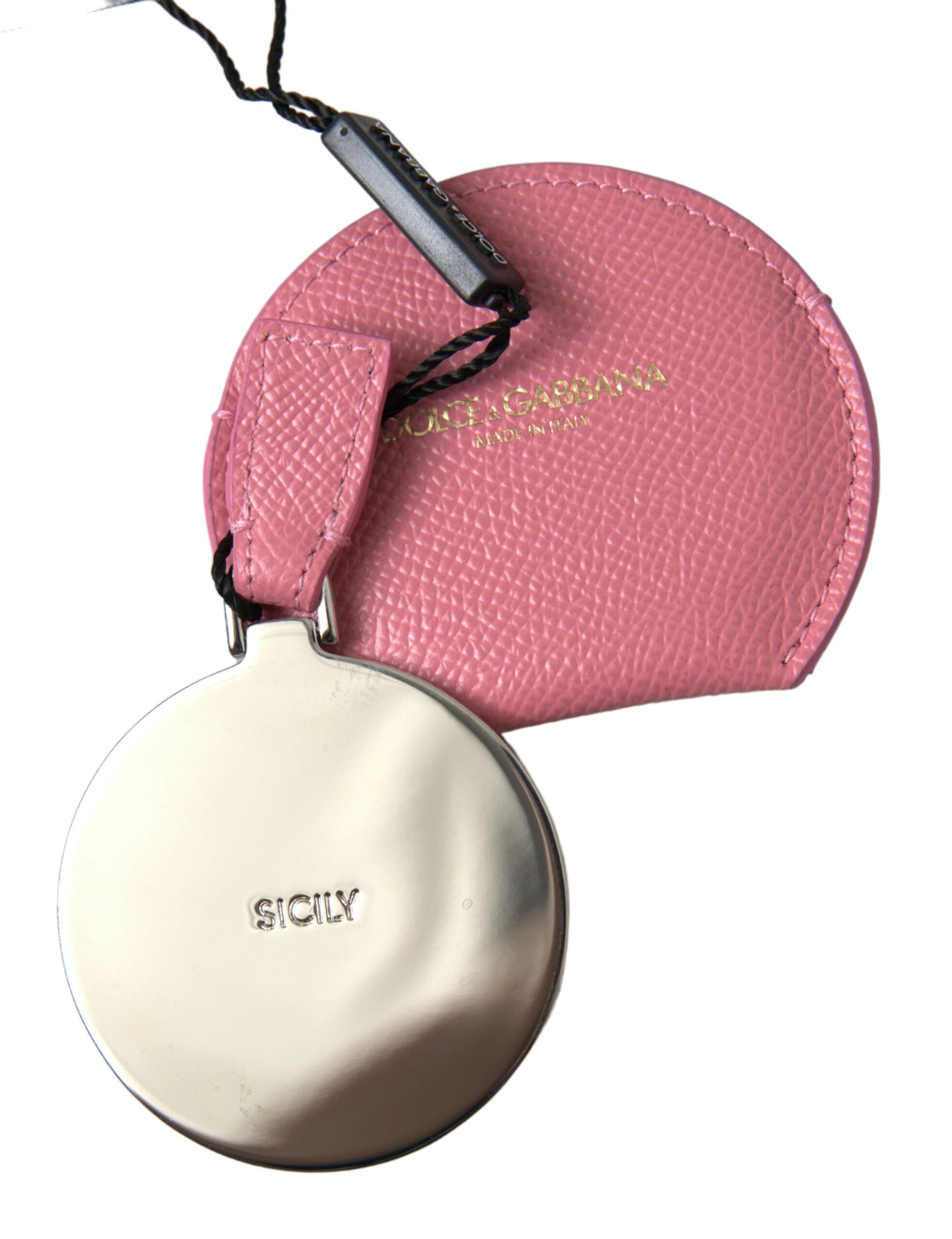Dolce & Gabbana Dolce & Gabbana Pink Calfskin Leather Round Logo Print Hand Mirror Women's Holder