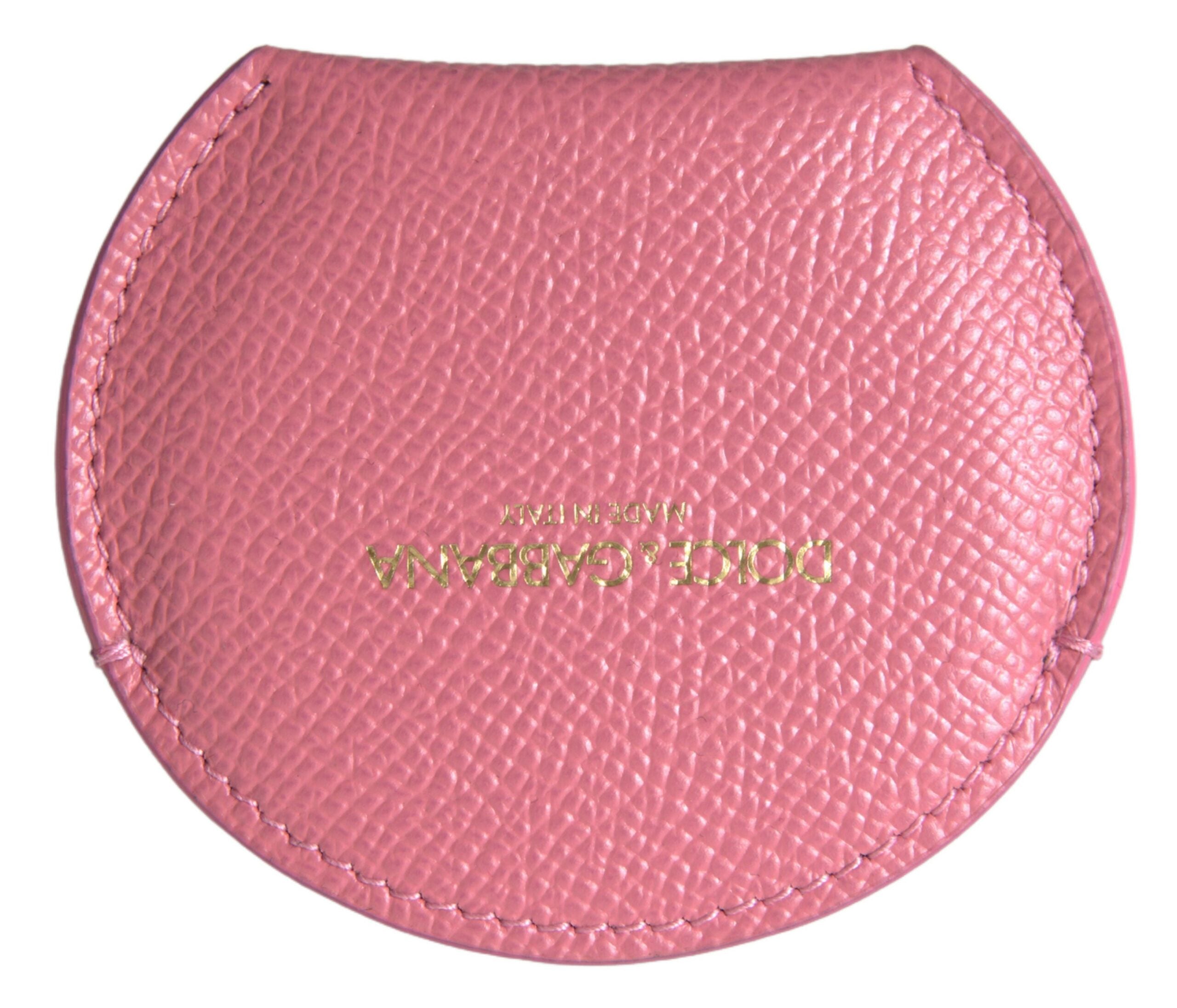 Dolce & Gabbana Dolce & Gabbana Pink Calfskin Leather Round Logo Print Hand Mirror Women's Holder