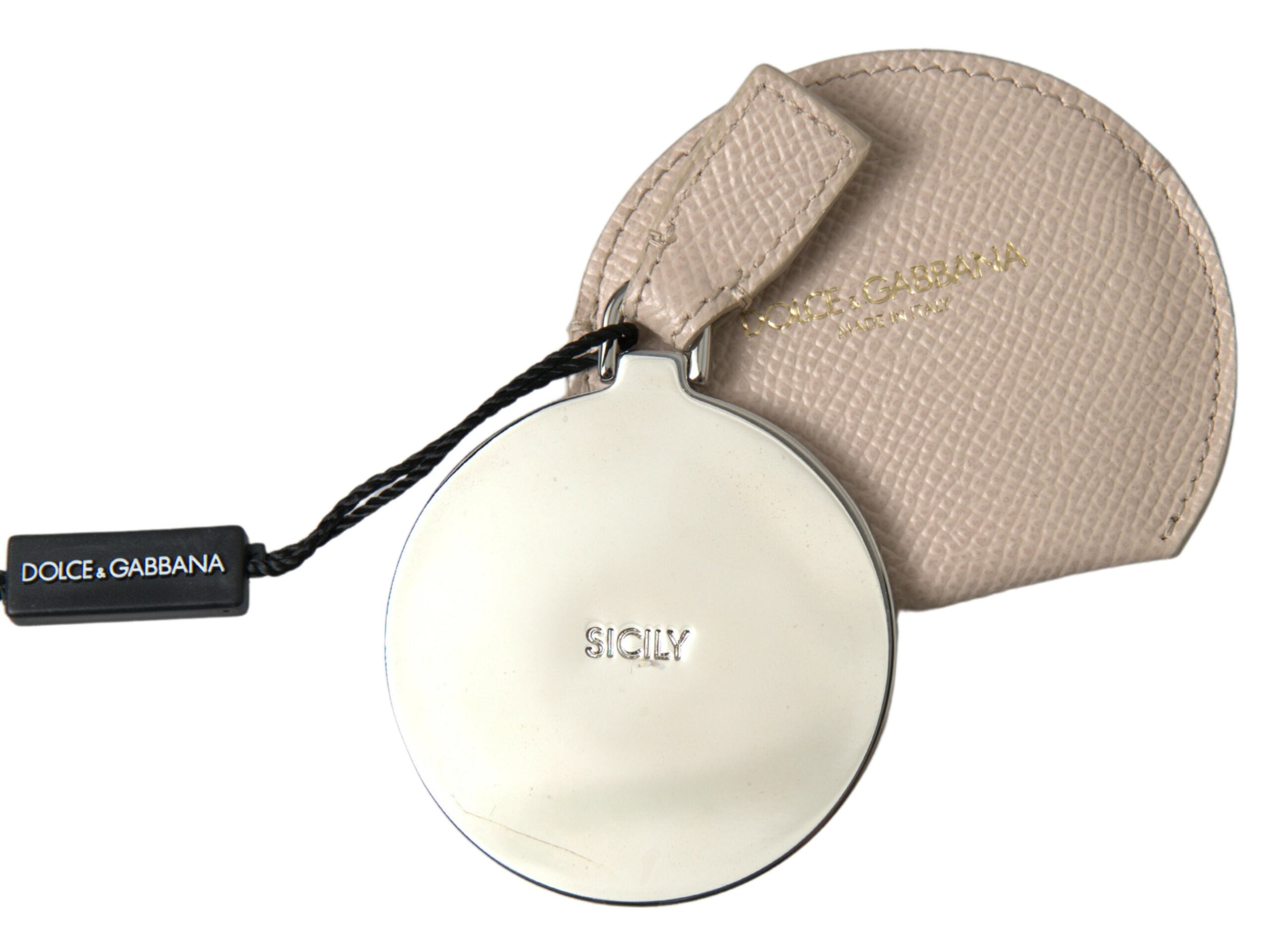 Dolce & Gabbana Dolce & Gabbana Beige Calfskin Leather Round Logo Hand Mirror Women's Holder