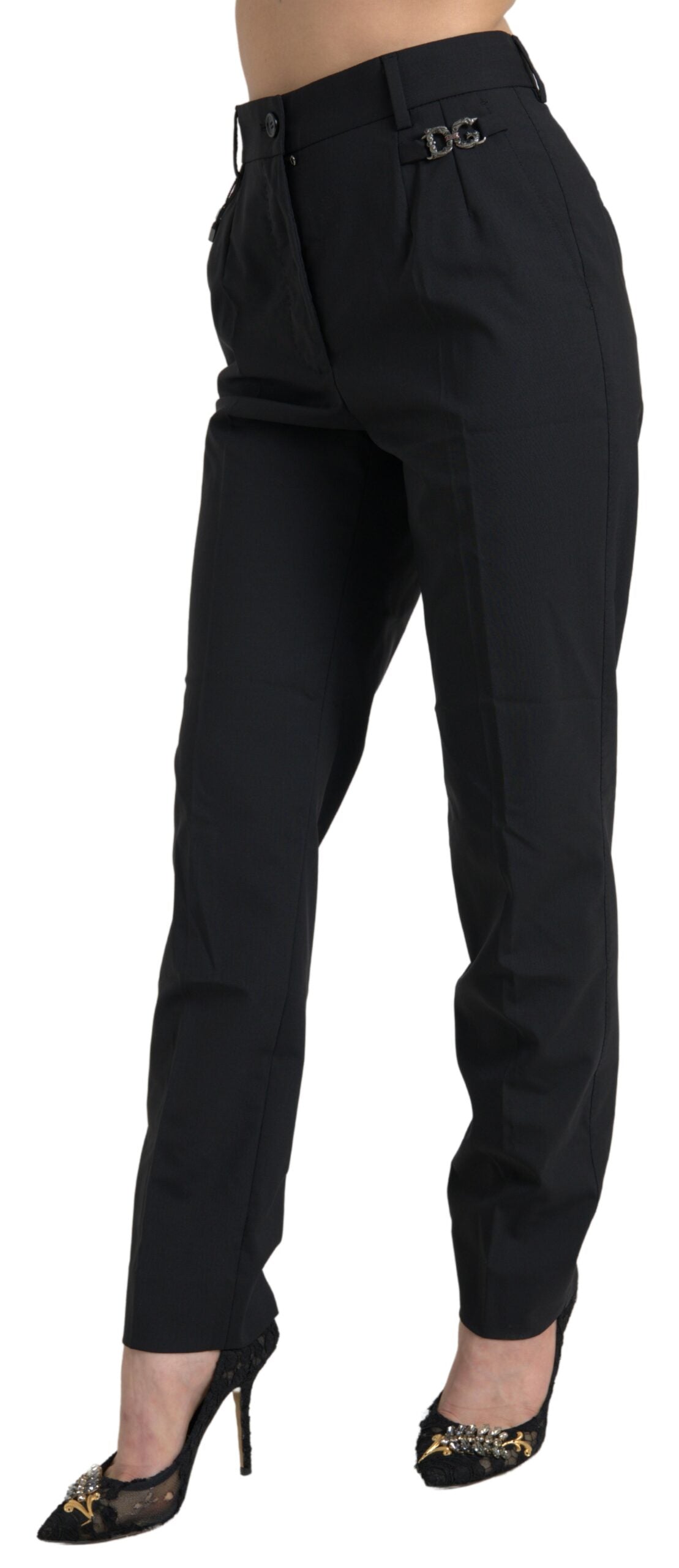 Dolce & Gabbana Black Wool High Waist Tapered Women's Pants