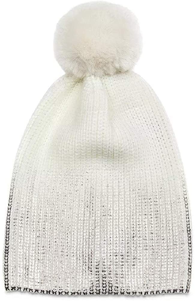 Jocelyn Women's Ivory Silver Metallic Pom Pom Knit Hat Beanie One Size Ivory