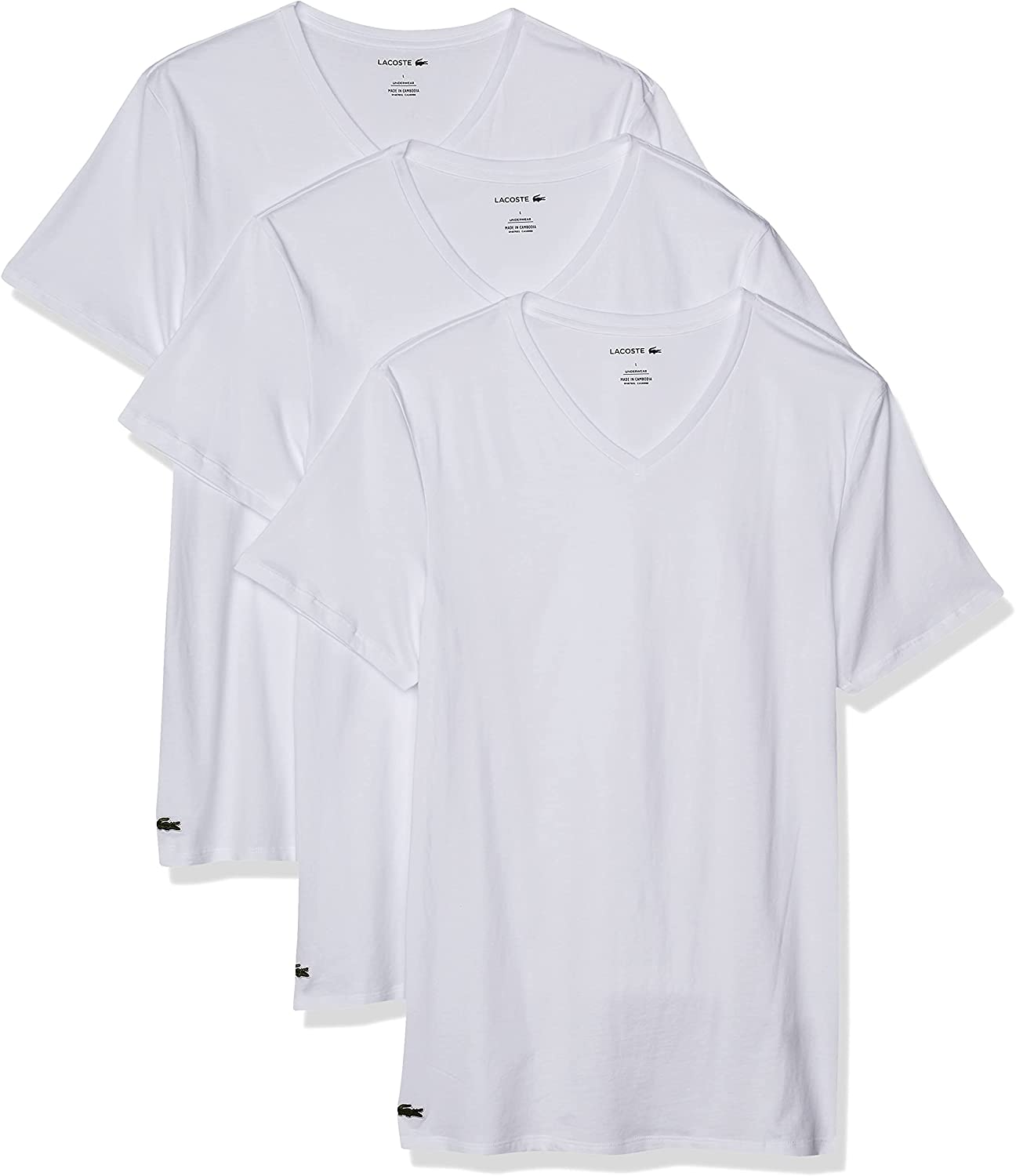 Lacoste Men's Essentials 3 Pack 100% Cotton Slim Fit V-Neck T-Shirts White White