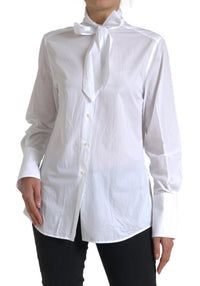 Dolce & Gabbana White Cotton Ascot Collar Long Sleeves Women's Top