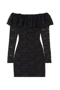 Caroline Constas Alessia Solid Black Off-The-Shoulder Ruffled Stretch-lace Mini Dress