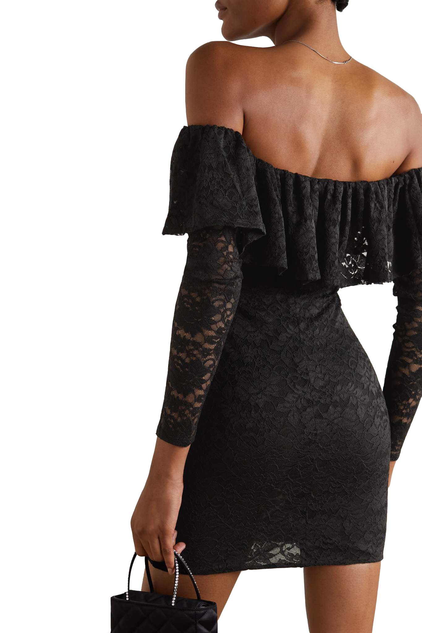 Caroline Constas Alessia Solid Black Off-The-Shoulder Ruffled Stretch-lace Mini Dress