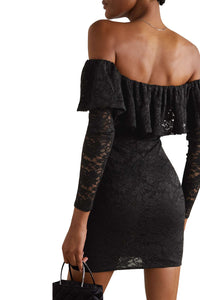Caroline Constas Alessia Solid Black Off-The-Shoulder Ruffled Stretch-lace Mini Dress