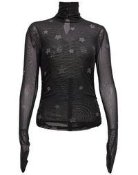 Cinq a Sept Women's Black Rhinestone Star Shirred Mesh Turtleneck Top