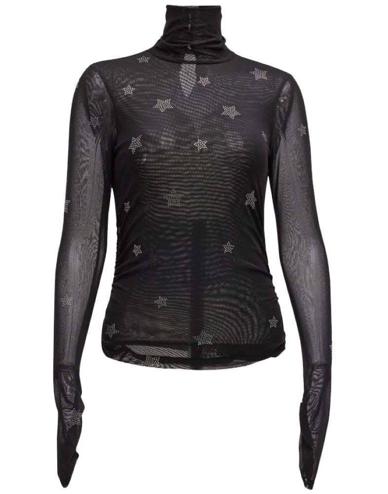 Cinq a Sept Women's Black Rhinestone Star Shirred Mesh Turtleneck Top