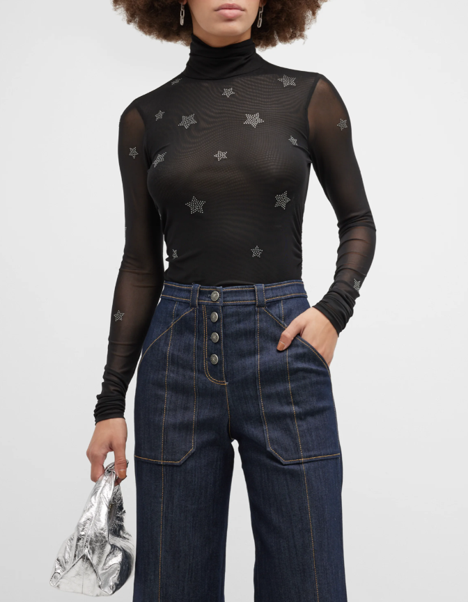 Cinq a Sept Women's Black Rhinestone Star Shirred Mesh Turtleneck Top