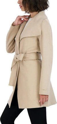 Tahari Women's Wool Wrap Coat with Tie Belt, Light Beige