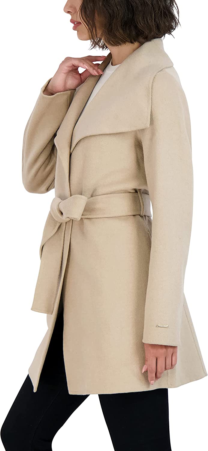 Tahari Women's Wool Wrap Coat with Tie Belt, Light Beige
