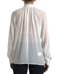 Dolce & Gabbana White Silk Sheer Tied Neck Polka Dots Women's Blouse