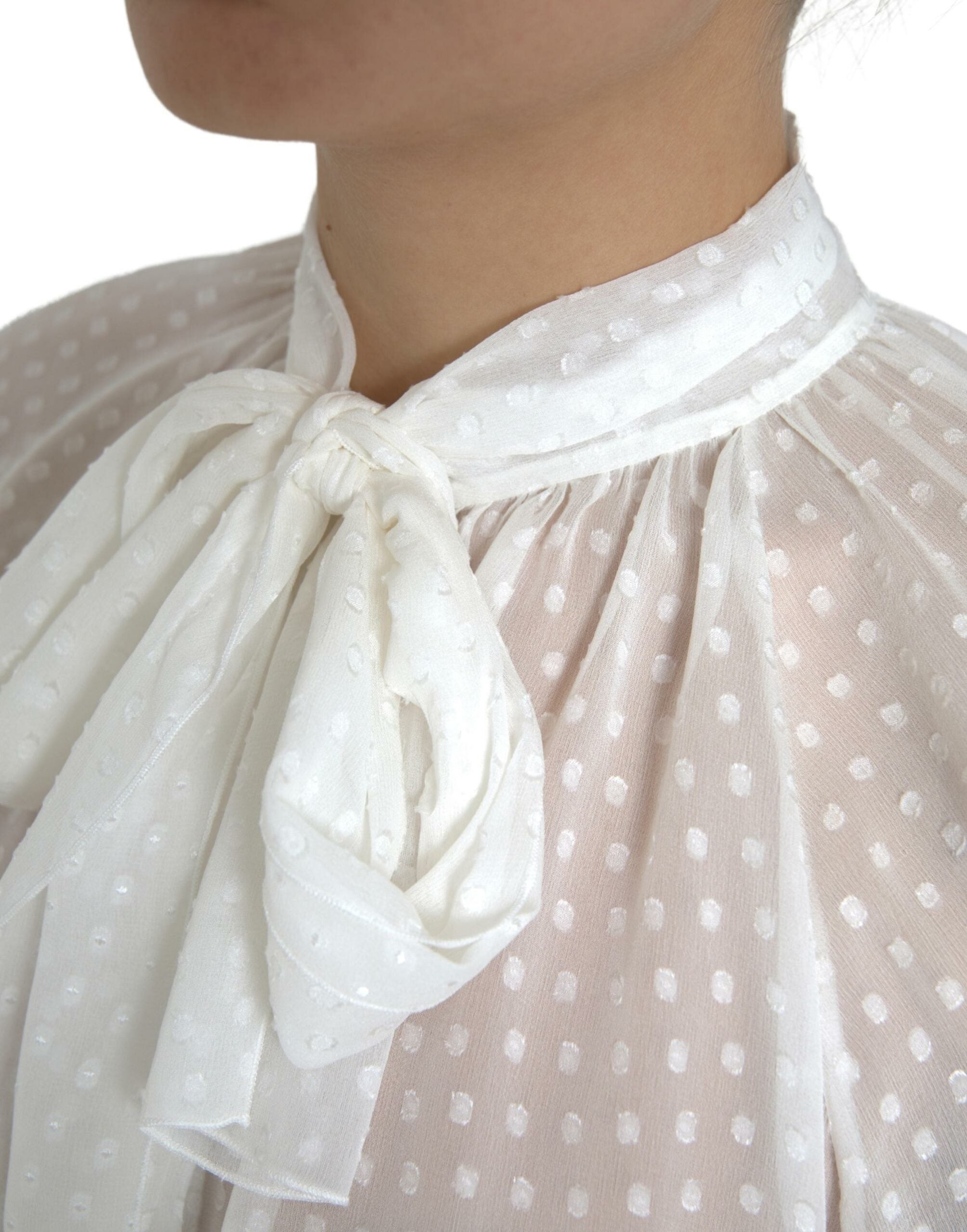 Dolce & Gabbana White Silk Sheer Tied Neck Polka Dots Women's Blouse