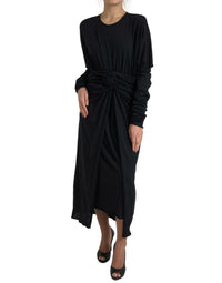 Dolce & Gabbana Black Wool Wrap Sheath Midi Gown Women's Dress