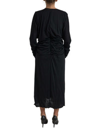 Dolce & Gabbana Black Wool Wrap Sheath Midi Gown Women's Dress