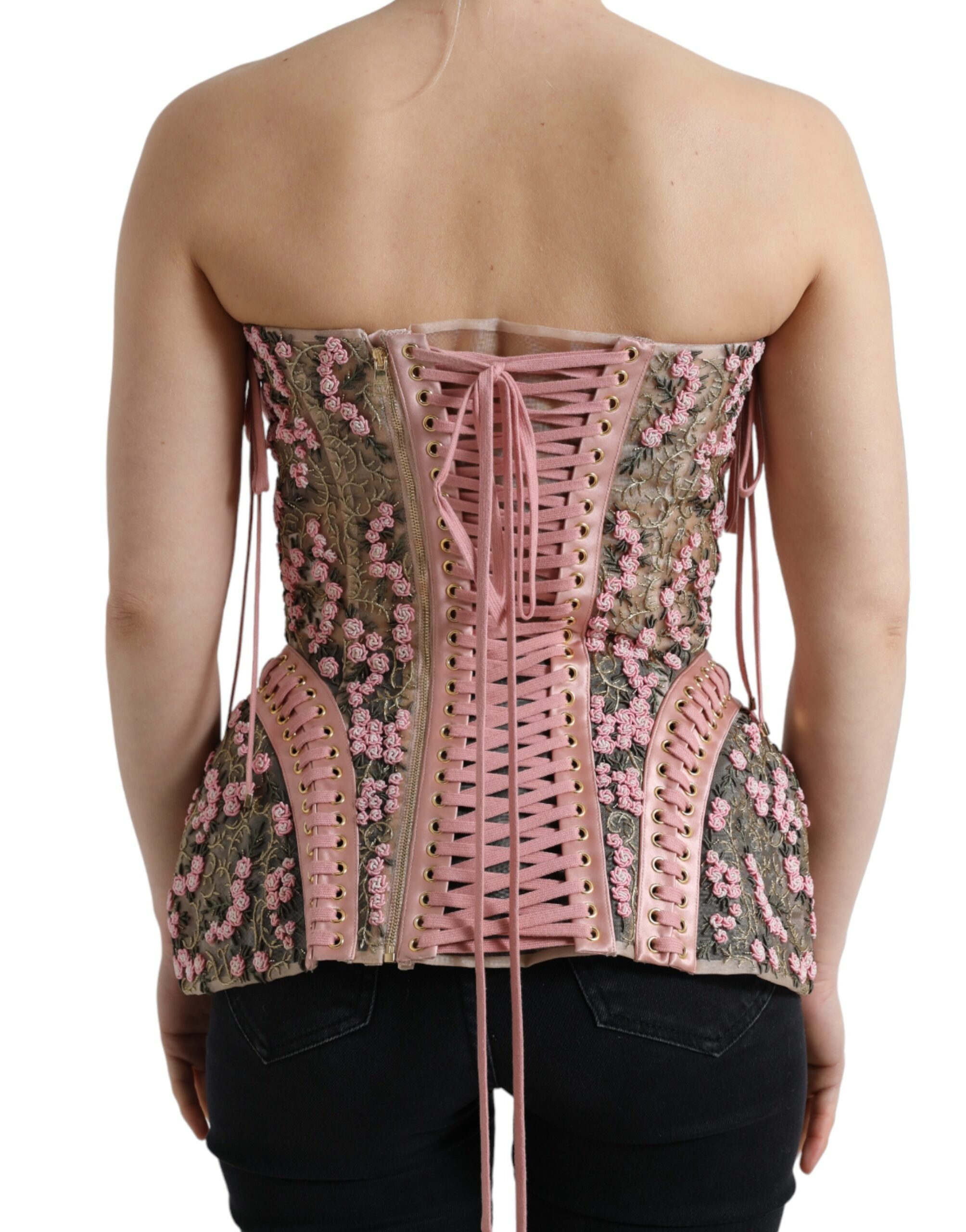 Dolce & Gabbana Pink Floral Applique Bustier Corset Women's Top